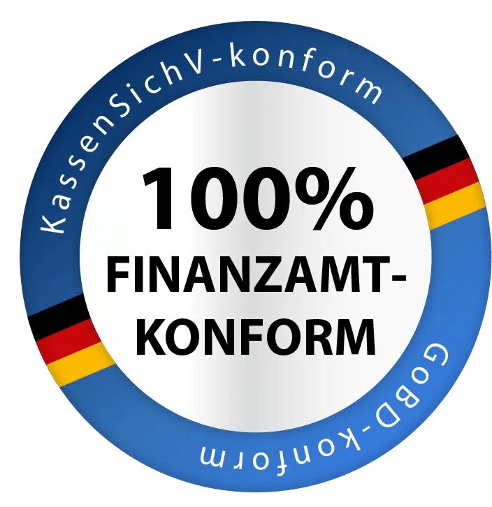 Siegel 100% finanzamtkonform, KassenSichV-konform, GoBD-konform, TSE Kassensysteme von GastroSoft